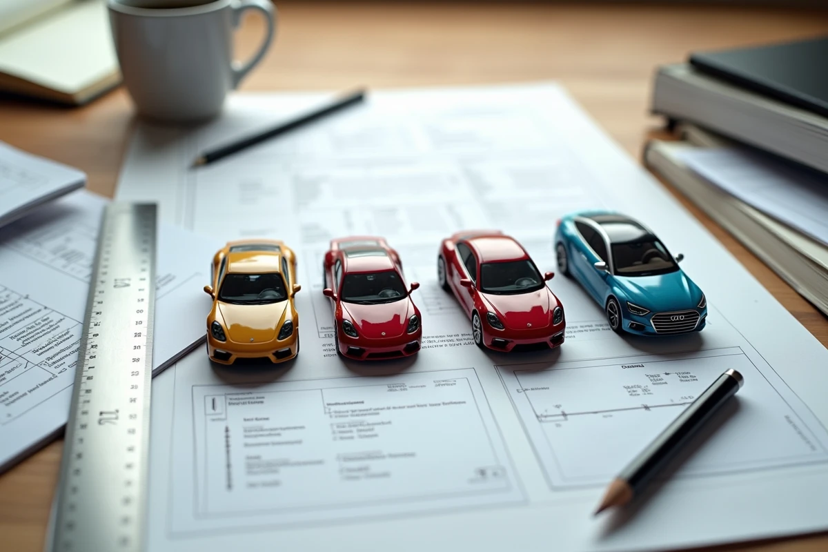 Vue aérienne de maquettes de voitures de différentes tailles comparées sur un bureau avec des fiches techniques de dimensions