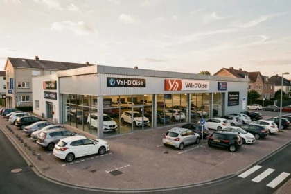 Vue extérieure d'un concessionnaire automobile dans le Val-d'Oise avec showroom vitré et véhicules exposés