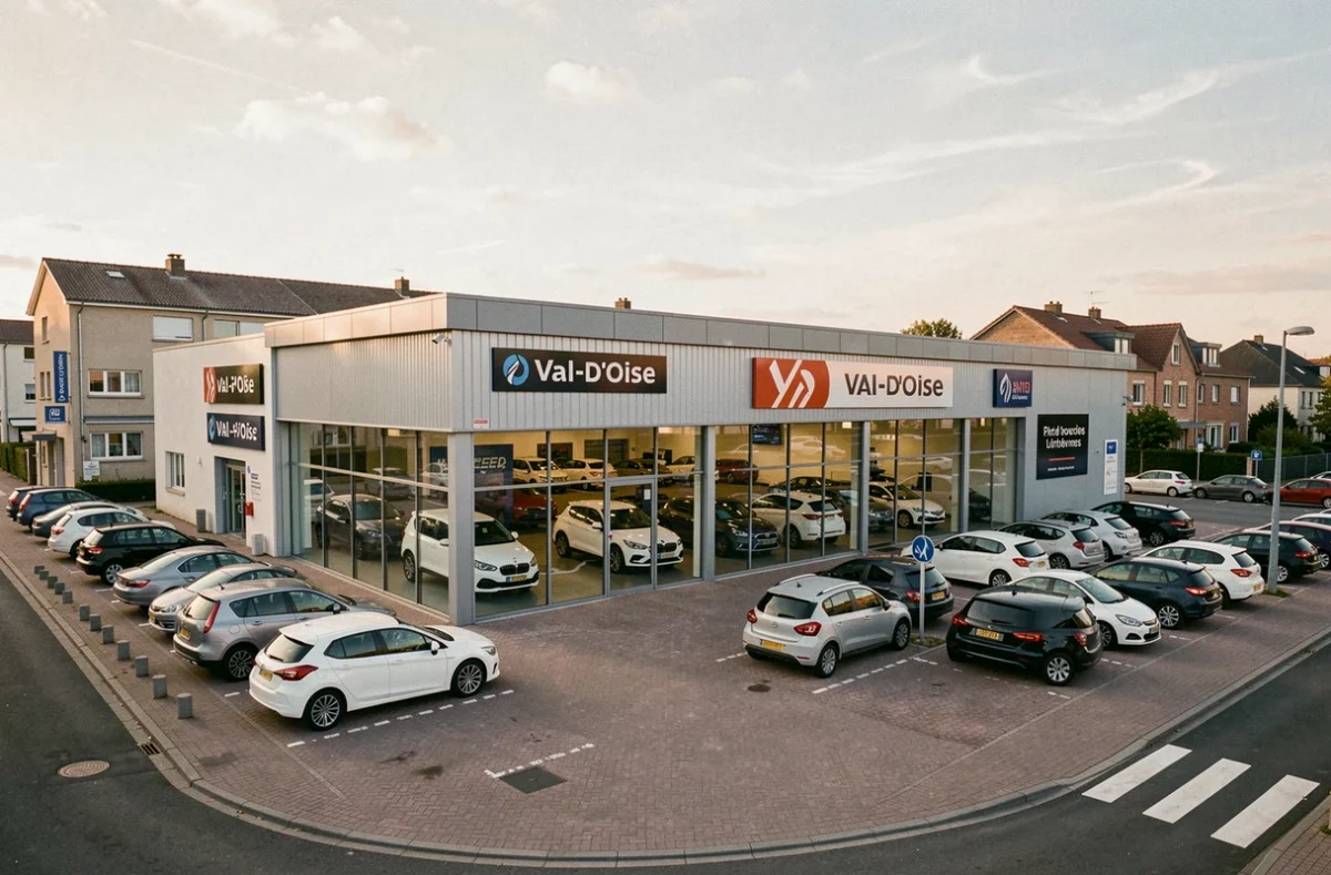 Vue extérieure d'un concessionnaire automobile dans le Val-d'Oise avec showroom vitré et véhicules exposés