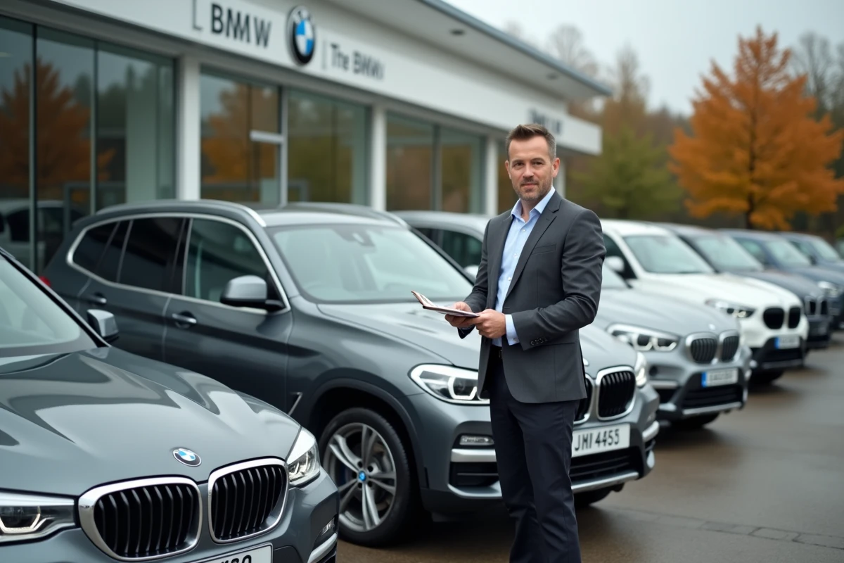Concessionnaire automobile présentant des BMW d'occasion avec cote de revente, impact de la fiabilité du moteur B47 sur la valeur marchande en 2026
