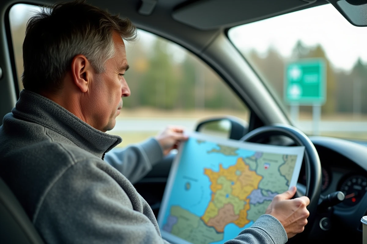 Conducteur consultant une carte routière de France depuis l'intérieur d'une voiture garée sur une aire d'autoroute