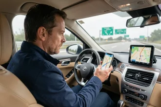 Conducteur consultant une application GPS sur smartphone montée sur le tableau de bord d'une voiture sur autoroute française