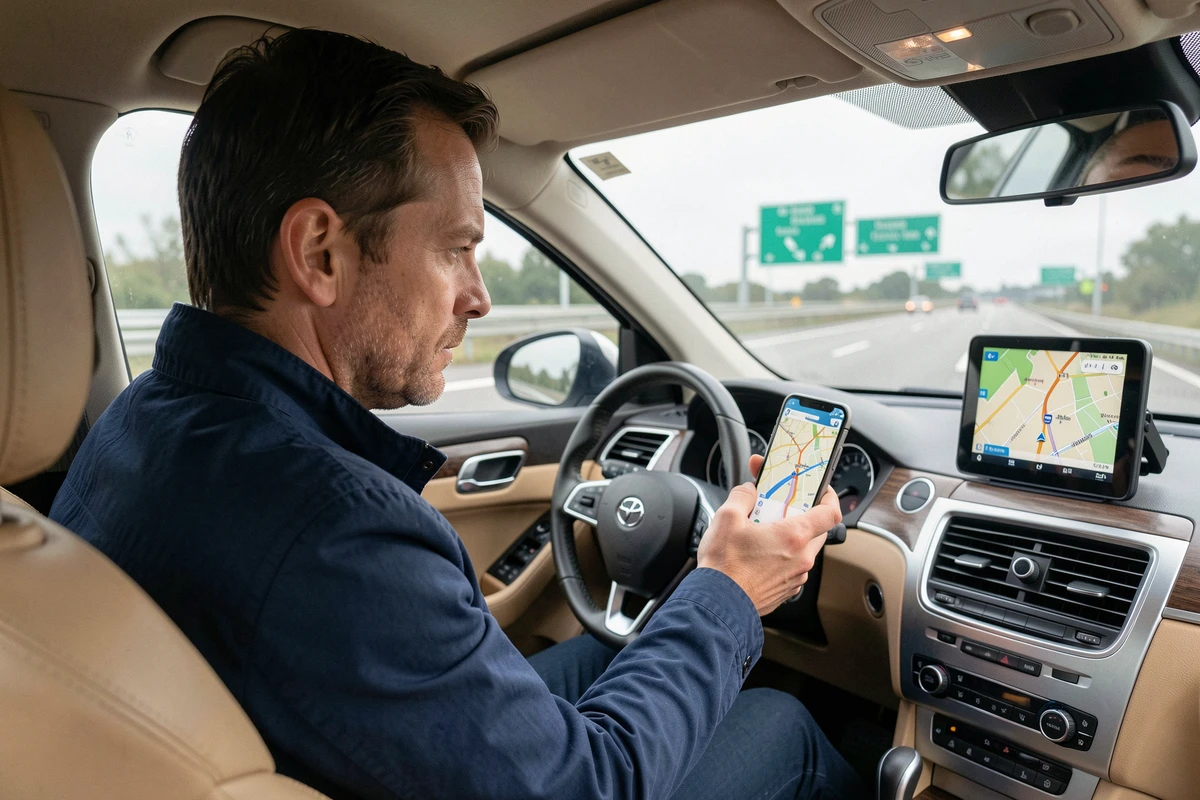 Conducteur consultant une application GPS sur smartphone montée sur le tableau de bord d'une voiture sur autoroute française