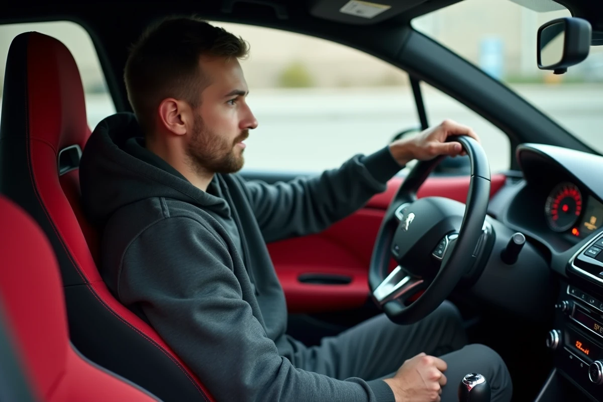 Conducteur trentenaire au volant d'une Peugeot 208 GTI, vue intérieure du cockpit sportif avec sièges baquets rouge et noir et volant GTI
