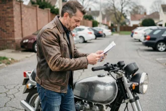 Conducteur malussé consultant son assurance moto sur smartphone à côté de sa moto garée dans une rue urbaine