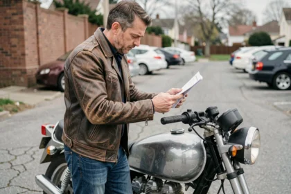 Conducteur malussé consultant son assurance moto sur smartphone à côté de sa moto garée dans une rue urbaine