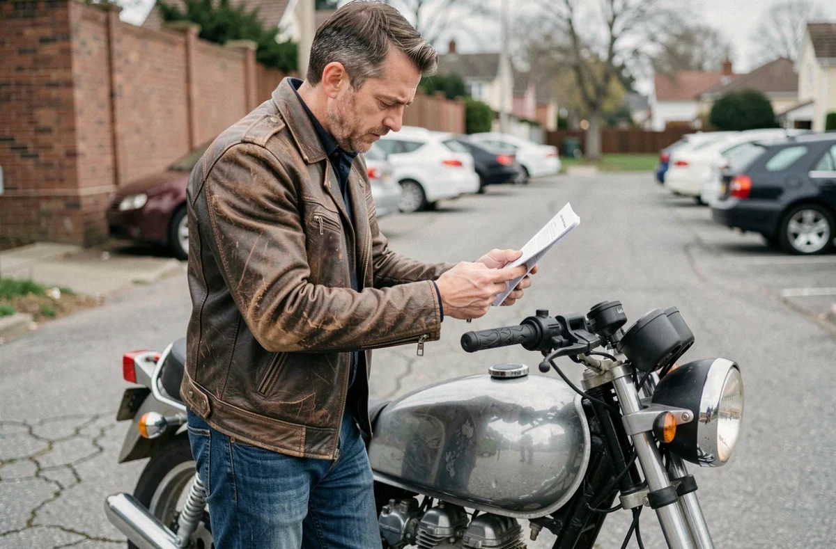 Conducteur malussé consultant son assurance moto sur smartphone à côté de sa moto garée dans une rue urbaine