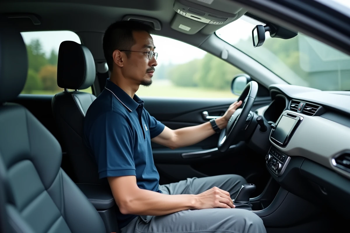 Conducteur asiatique au volant d'un SUV avec tableau de bord technologique moderne
