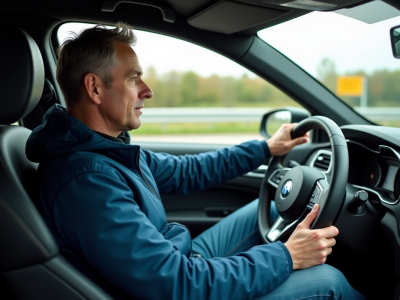 Homme au volant d'une voiture moderne sur l'autoroute