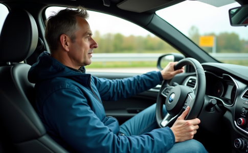Homme au volant d'une voiture moderne sur l'autoroute
