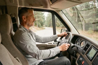 Homme au volant d'un grand camping-car occasion poids lourd sur une route de campagne, illustrant la conduite d'un véhicule nécessitant un permis spécifique