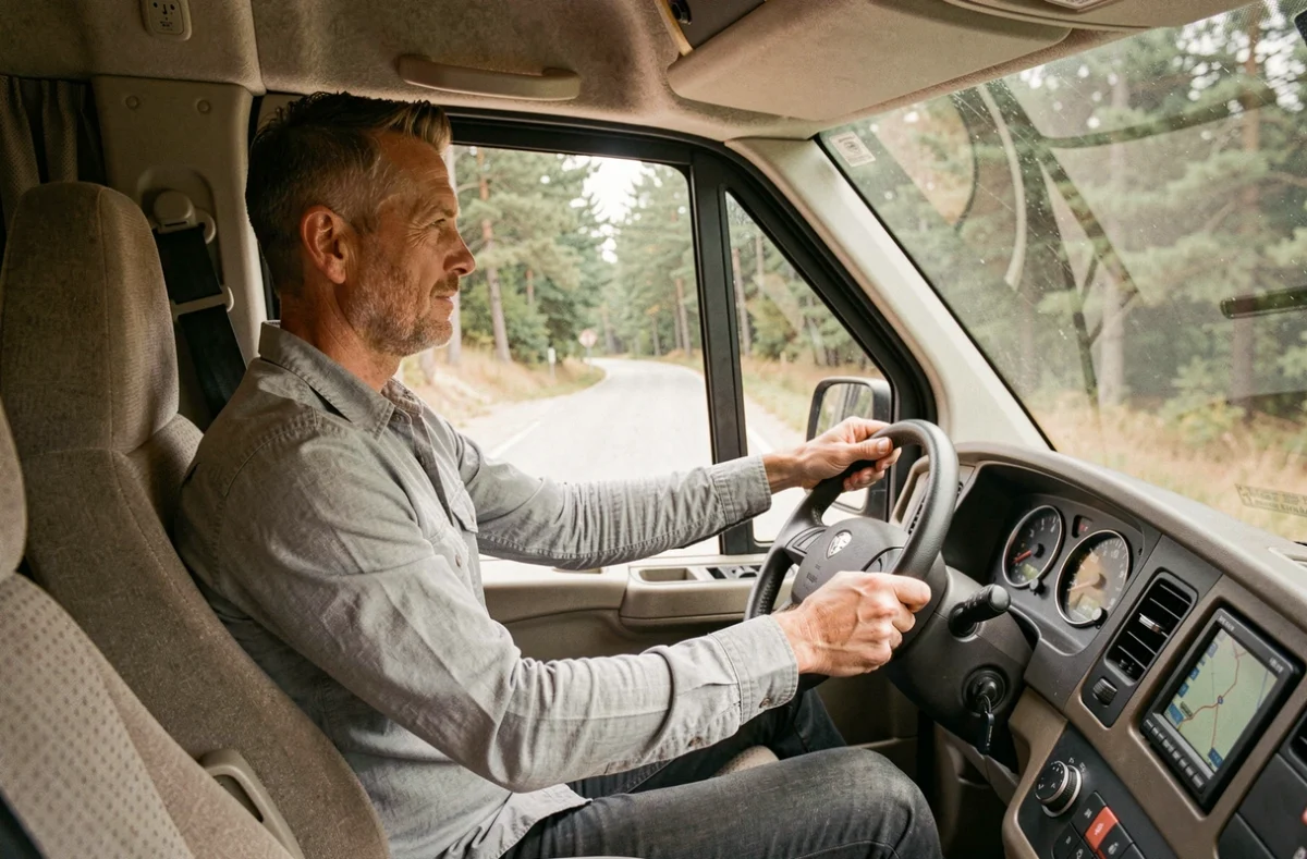 Homme au volant d'un grand camping-car occasion poids lourd sur une route de campagne, illustrant la conduite d'un véhicule nécessitant un permis spécifique