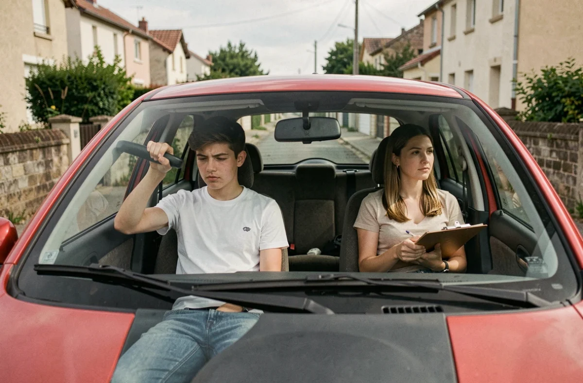 Jeune élève de l'auto-école Conduite 16 réglant le rétroviseur dans les rues de Fléac