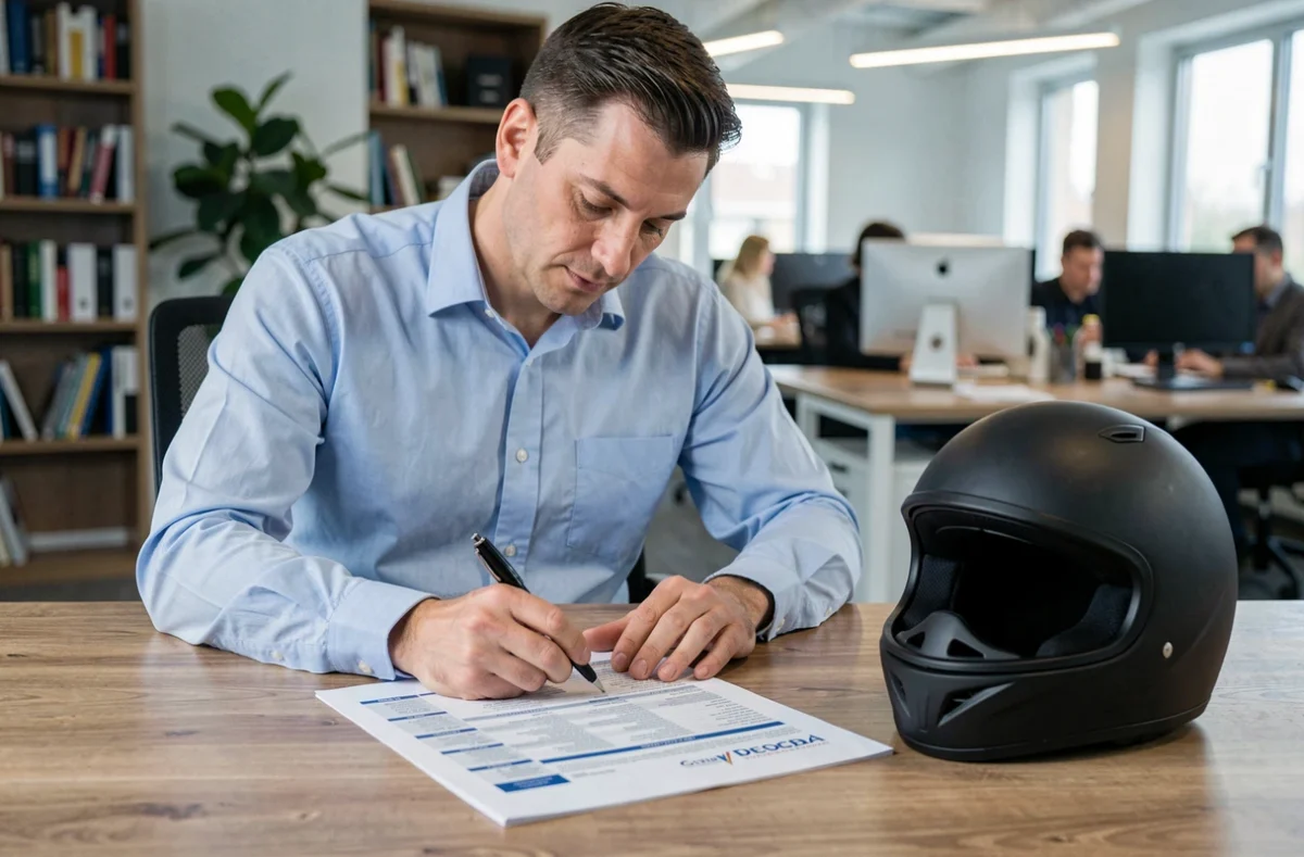 Conseiller en assurance présentant un contrat d'assurance scooter professionnel avec un casque posé sur le bureau