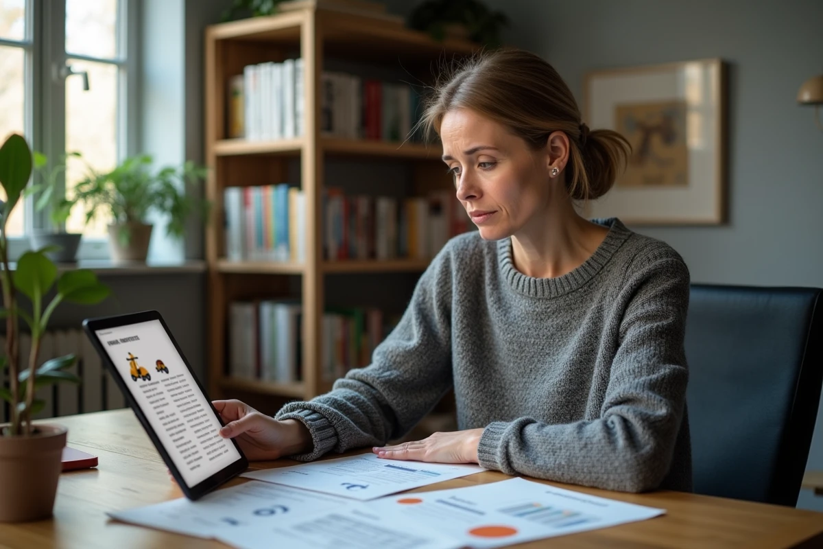 Femme consultant l'argus d'un scooter d'occasion sur tablette et documents imprimés à son bureau