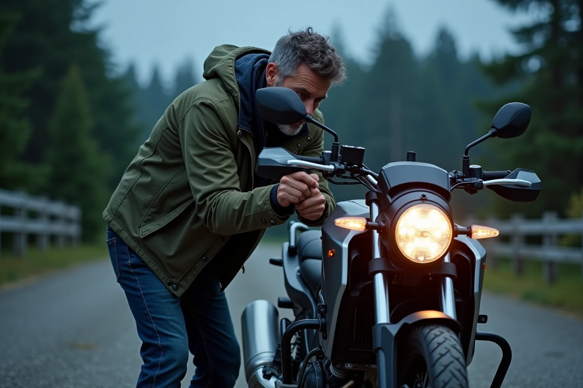Motard vérifiant l'éclairage et les feux de sa moto lors d'une inspection technique en bord de route