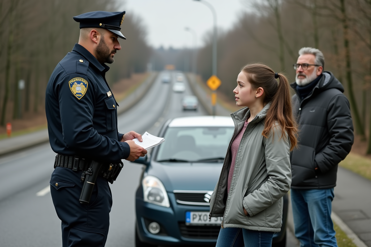 Policier parlant avec une adolescente et son père à côté de la voiture