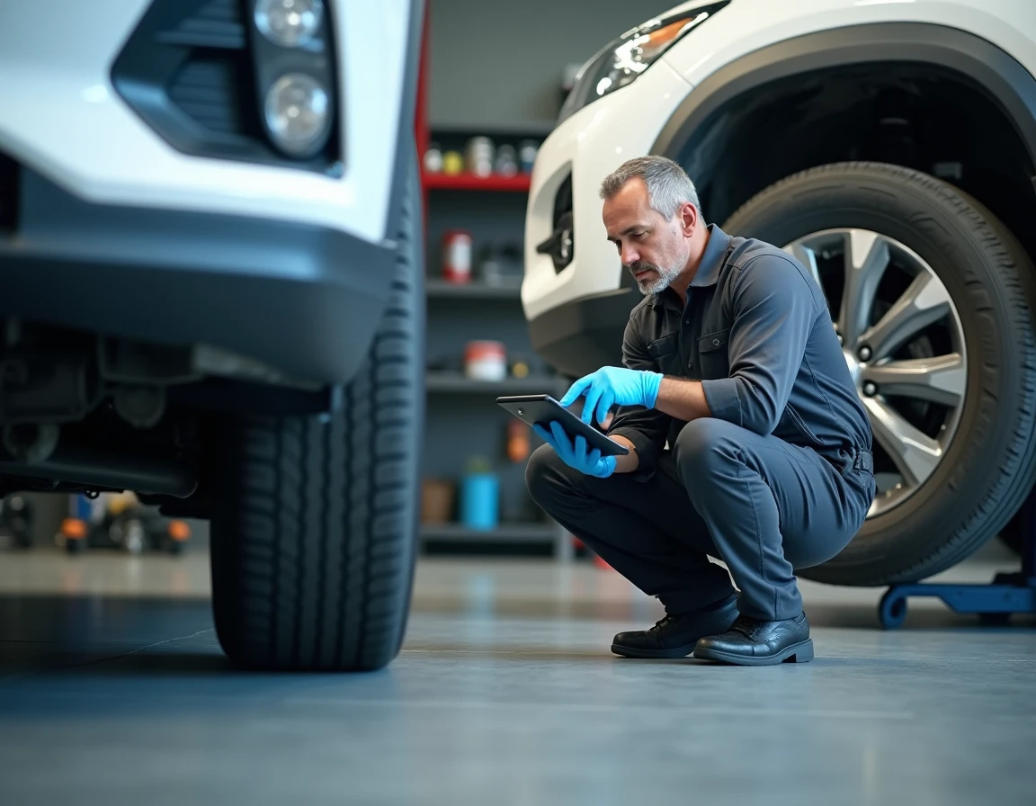 Mécanicien professionnel réalisant un diagnostic complet d'un SUV d'occasion en garage, contrôle technique rigoureux