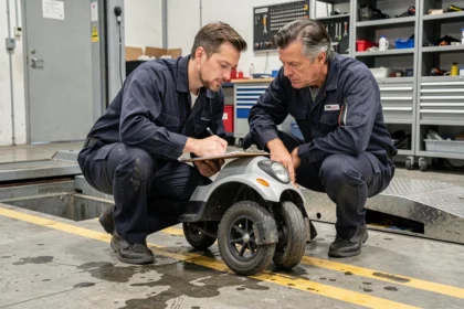 Technicien automobile effectuant le contrôle technique d'une voiture sans permis dans un garage d'inspection agréé