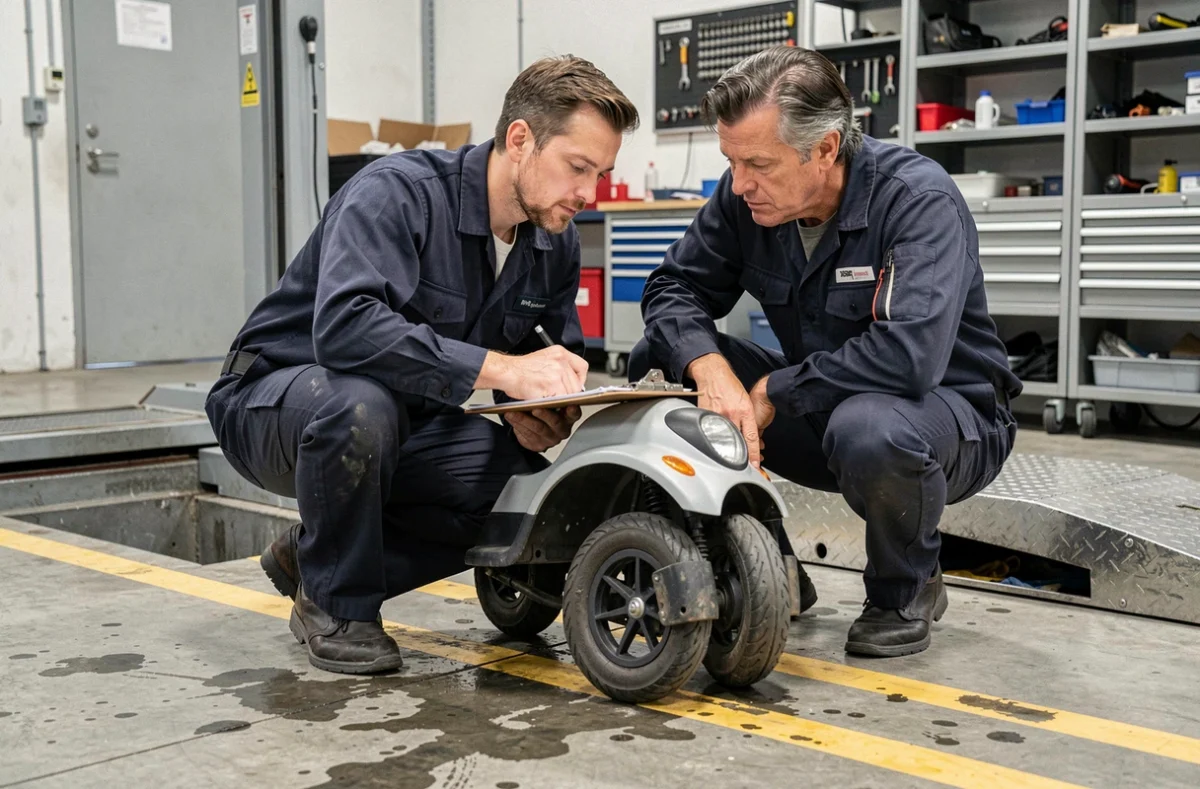 Technicien automobile effectuant le contrôle technique d'une voiture sans permis dans un garage d'inspection agréé