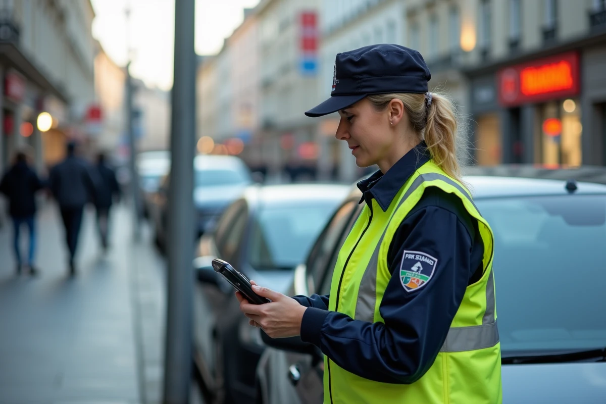 Agente de surveillance de la voie publique vérifiant une vignette Crit'Air sur un véhicule garé à Rennes