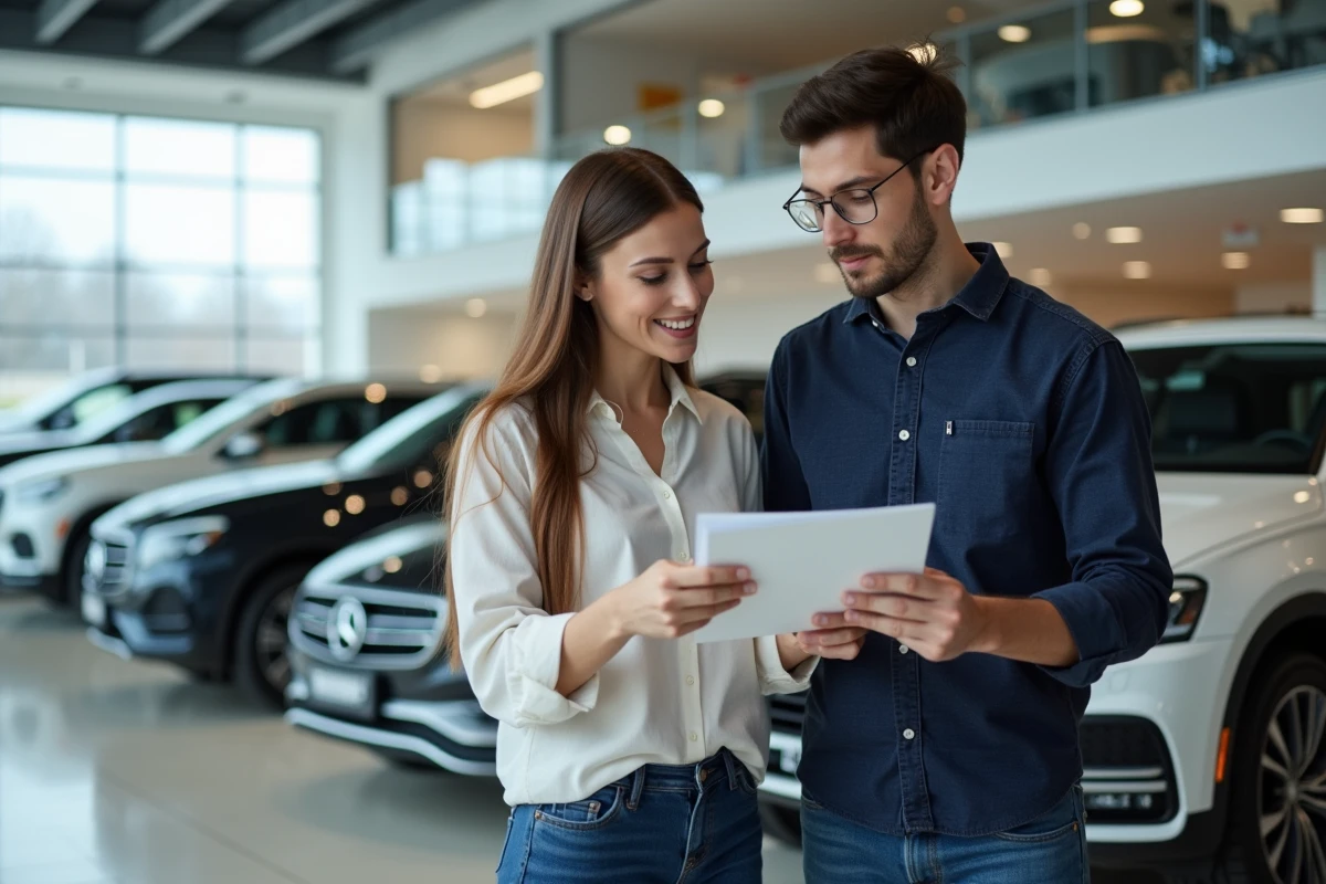 Jeune couple consulte brochure voiture en showroom