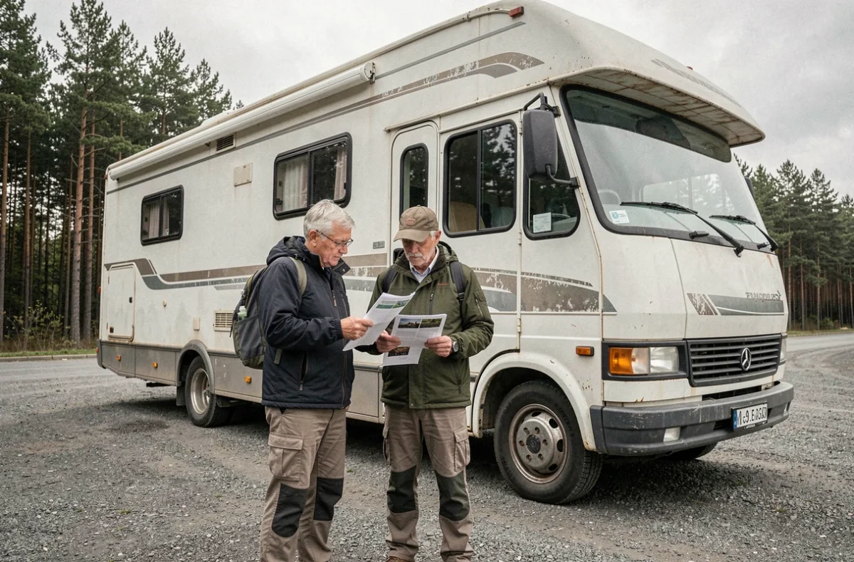 Couple consultant des documents administratifs devant un grand camping-car d'occasion garé sur une aire de repos, thème des permis nécessaires pour véhicules lourds