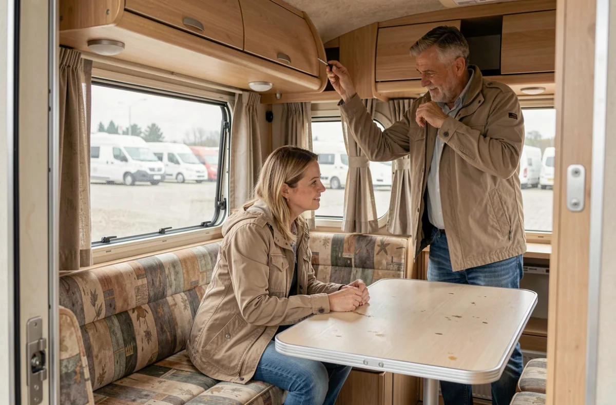 Couple inspectant l'intérieur d'une caravane d'occasion chez un revendeur, examinant les sièges et les rangements