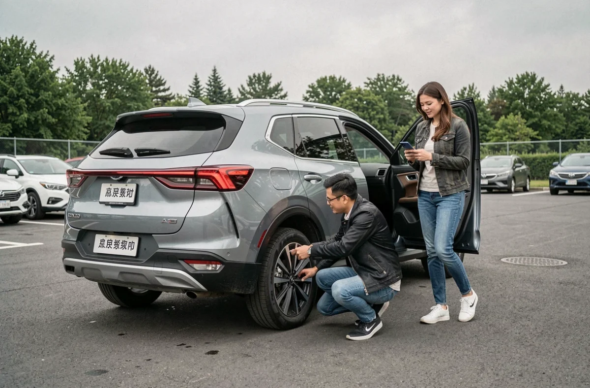 Un couple inspectant un SUV de marque chinoise lors d'un essai en concession pour comparer les offres et négocier le meilleur prix
