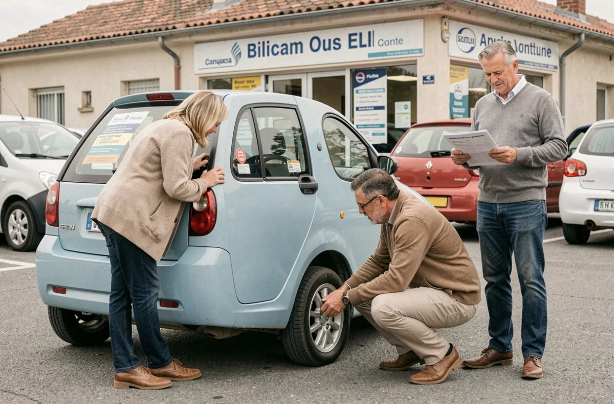 Couple inspectant une voiture sans permis d'occasion chez un concessionnaire