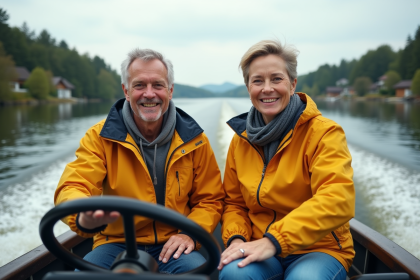 Couple souriant en bateau sur une rivière calme