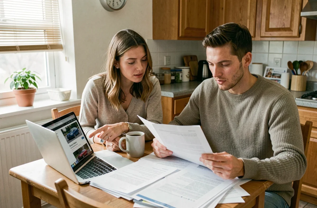 Couple consultant un site de crédit auto sans apport sur ordinateur portable à la maison, budget voiture 59 euros par mois