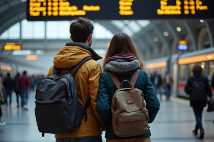 Jeune couple à Milano Centrale regardant un horaire de train