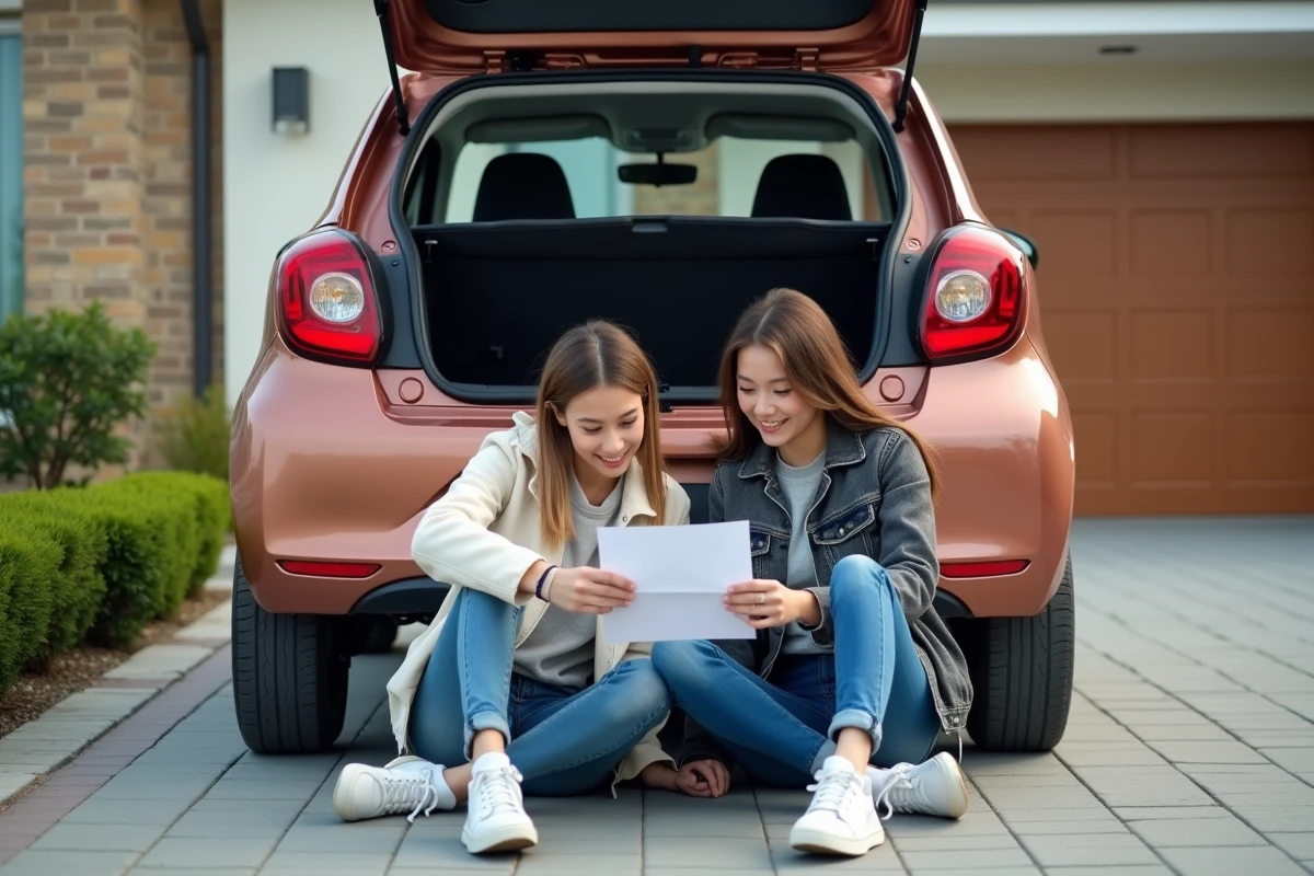 Jeune couple discutant près d une voiture dans la cour