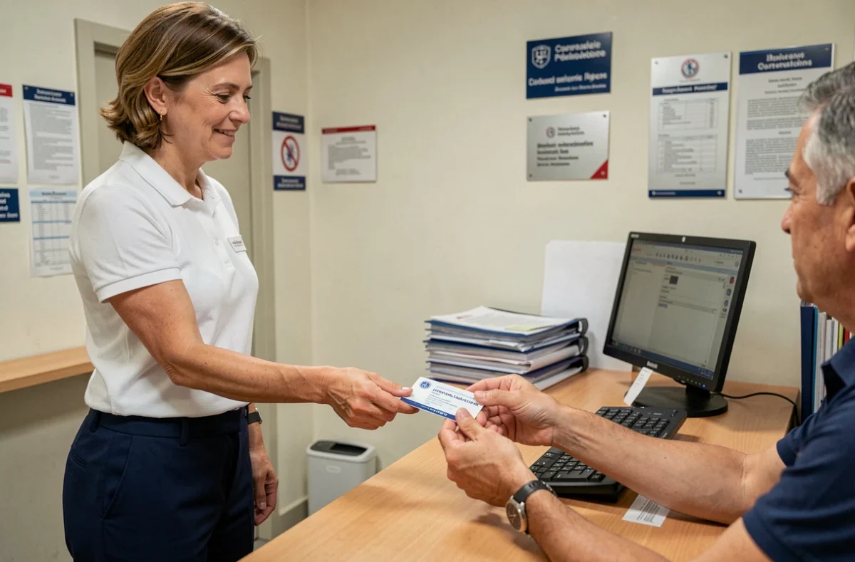 Femme présentant son permis de conduire à un guichet administratif pour un camping-car poids lourd d'occasion, démarches légales et réglementation