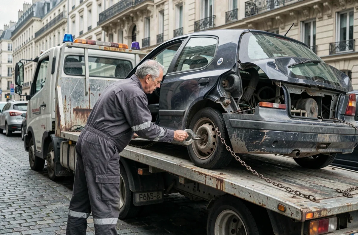 Opérateur de dépannage fixant un véhicule en panne sur un camion plateau dans une rue parisienne, intervention d'assistance routière