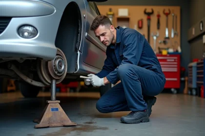 Mécanicien amateur inspectant le train arrière d'une Peugeot 206 surélevée dans un garage particulier
