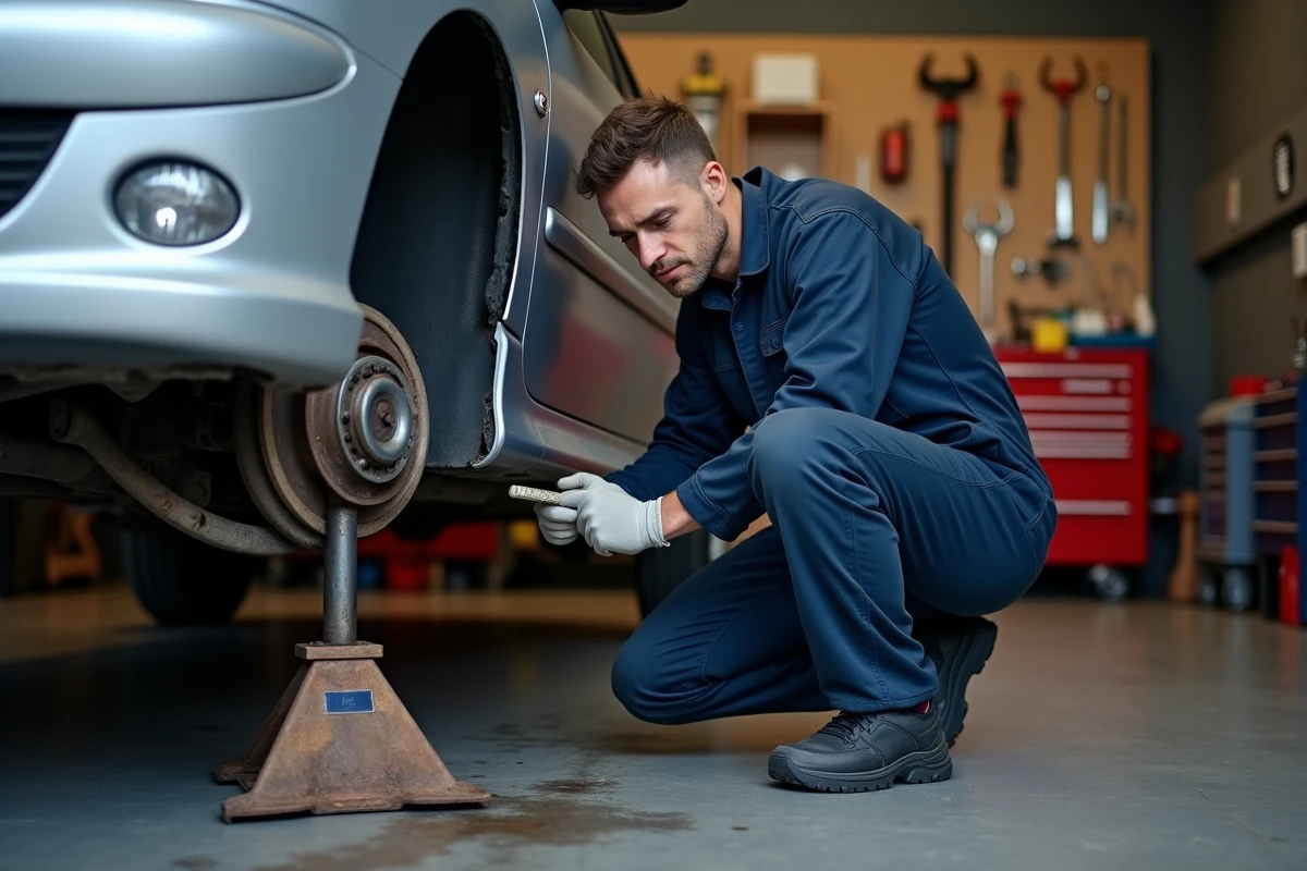 Mécanicien amateur inspectant le train arrière d'une Peugeot 206 surélevée dans un garage particulier