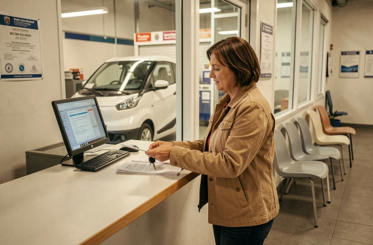 Propriétaire d'une voiture sans permis déposant son véhicule au centre de contrôle technique pour inspection