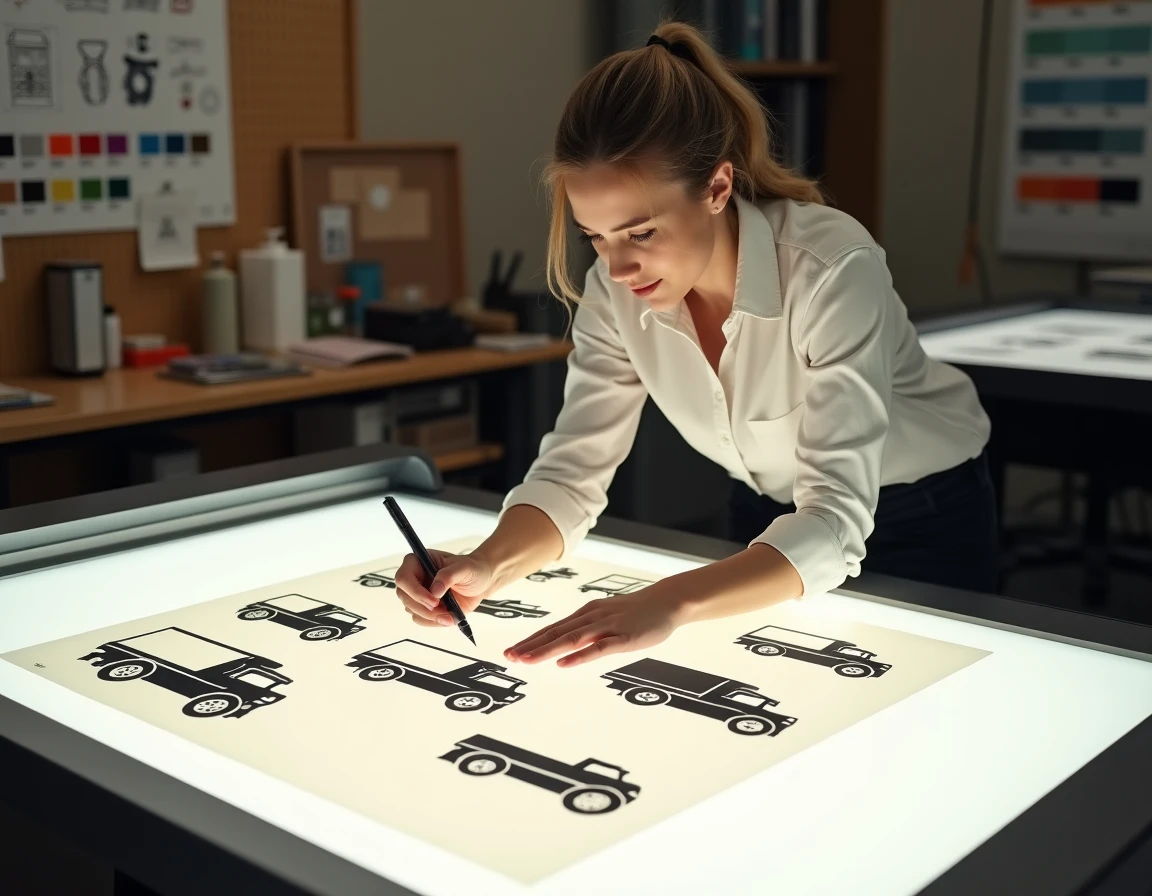 Designer examinant des variations de logo vectoriel sur table lumineuse dans un studio d'impression professionnel
