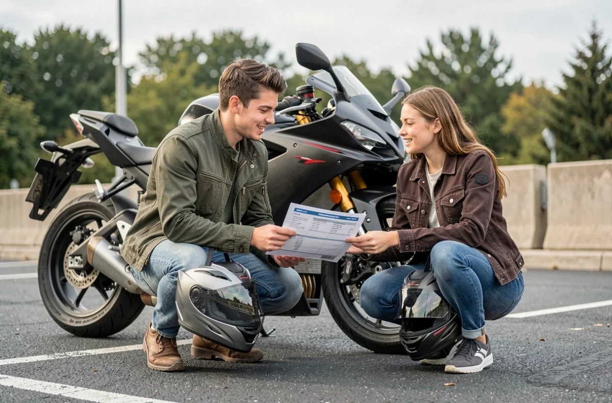 Deux jeunes motards en équipement A2 comparant un devis d'assurance moto dans un parking