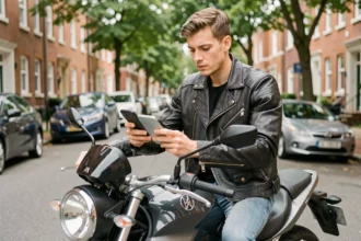 Jeune homme en veste de moto consultant un devis d'assurance moto A2 sur smartphone en milieu urbain