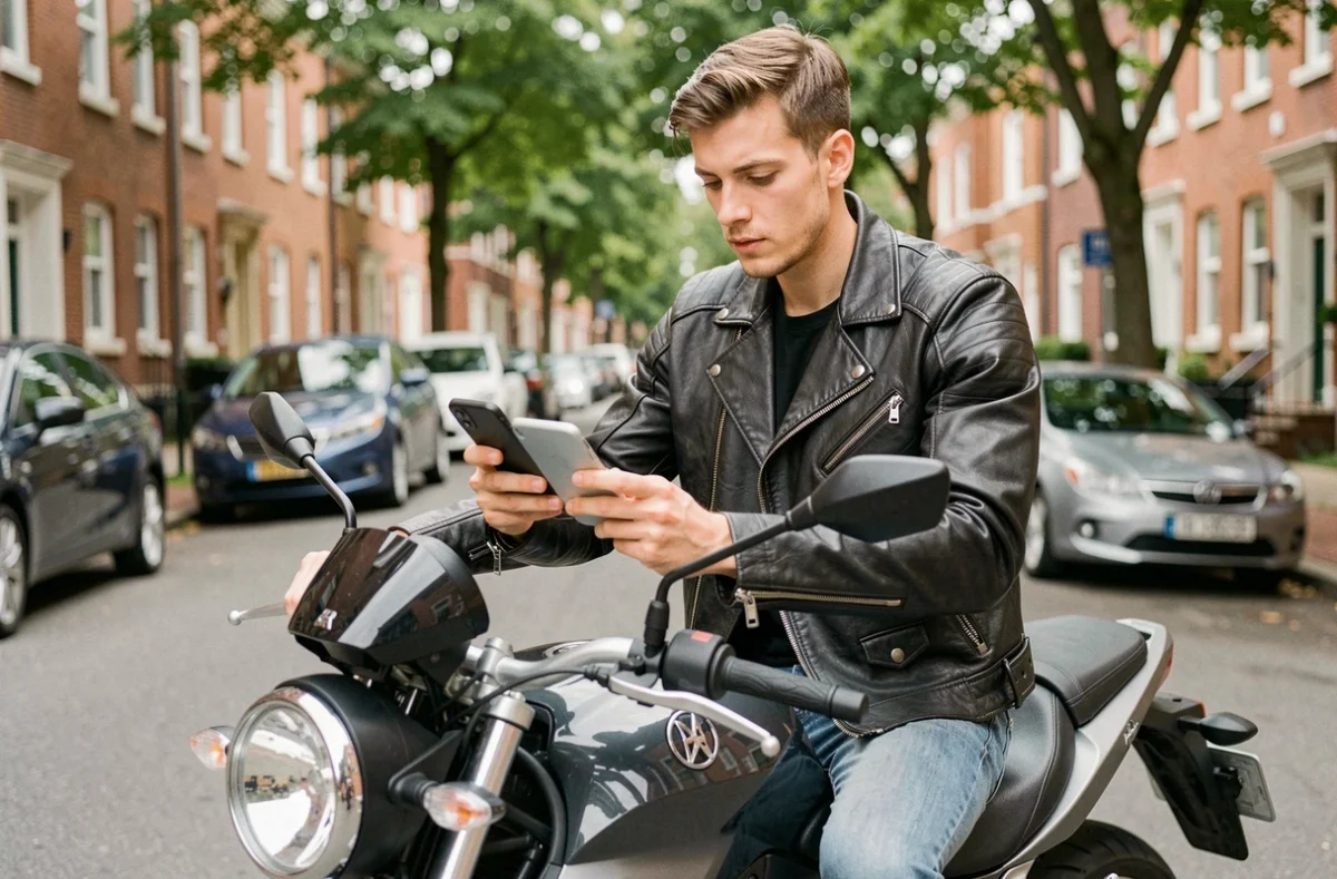 Jeune homme en veste de moto consultant un devis d'assurance moto A2 sur smartphone en milieu urbain