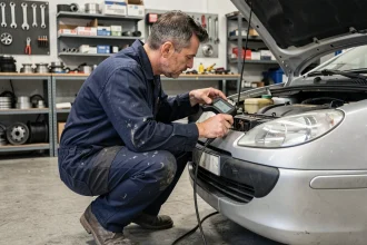Technicien automobile diagnostiquant le code erreur 1351 diesel HDi avec un scanner OBD2 dans un garage professionnel