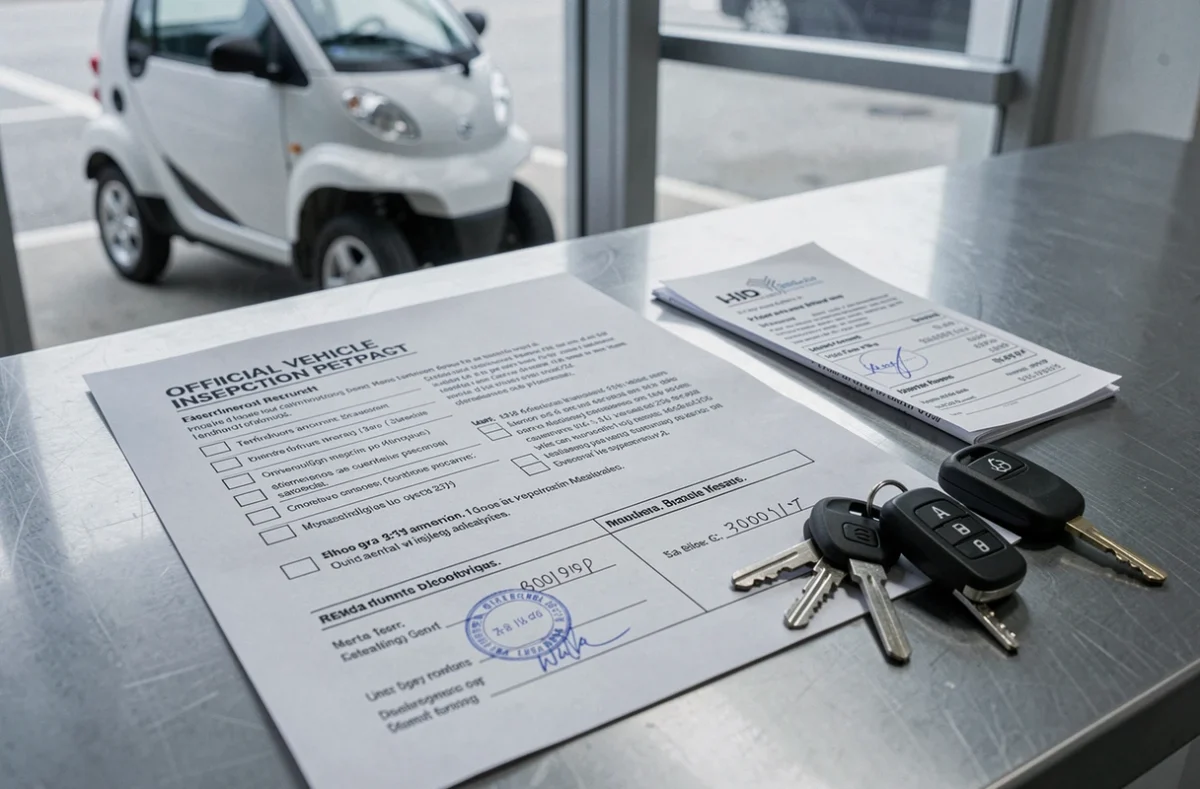 Document de contrôle technique et facture posés sur un bureau pour une voiture sans permis avec clés de véhicule