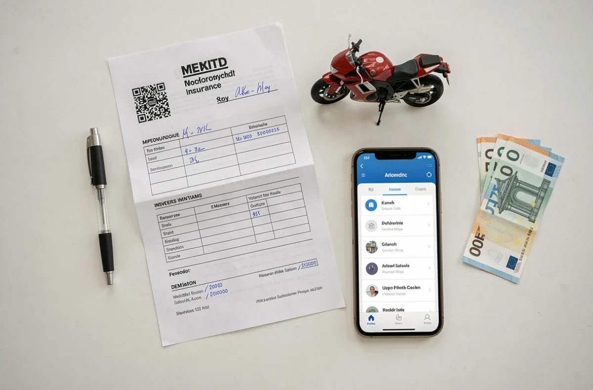Documents d'assurance moto et smartphone posés sur un bureau blanc symbolisant une souscription en ligne
