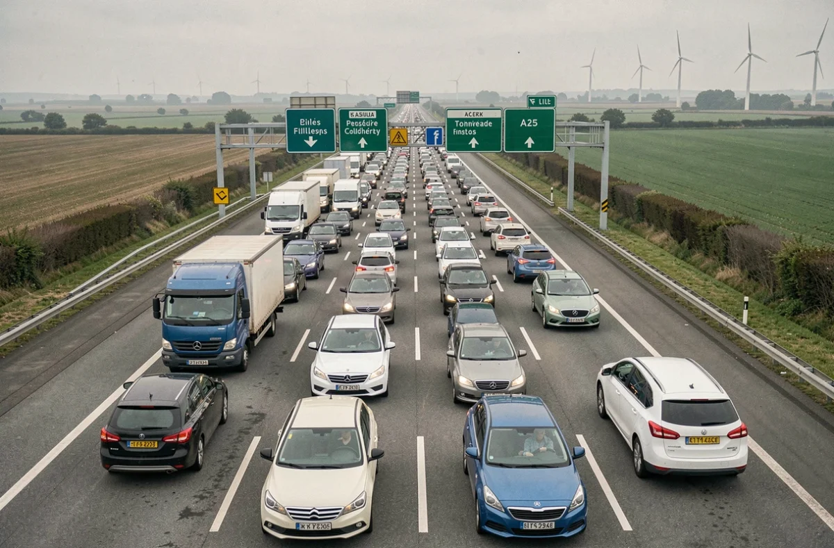 Embouteillage sur l'autoroute A25 près de Lille suite à un accident, longue file de voitures et camions à l'arrêt