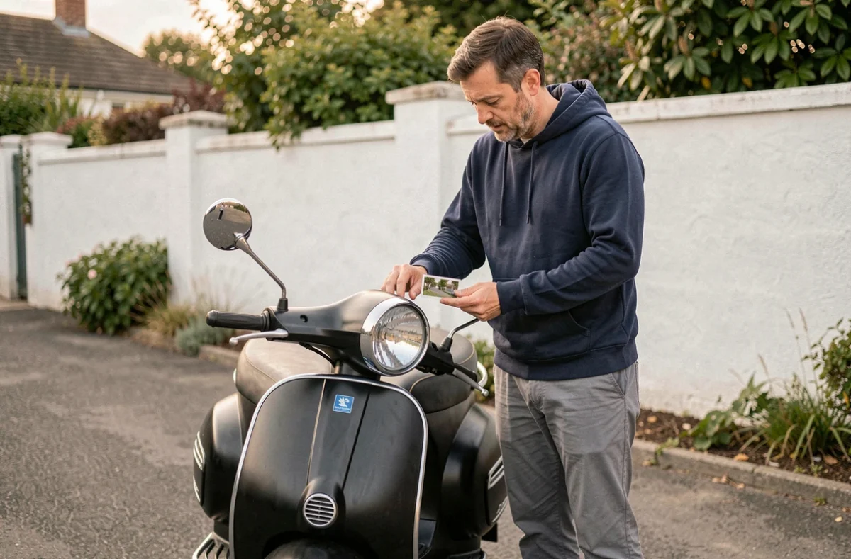 Homme cherchant où positionner son porte-vignette d'assurance sur le panneau avant d'un scooter rétro
