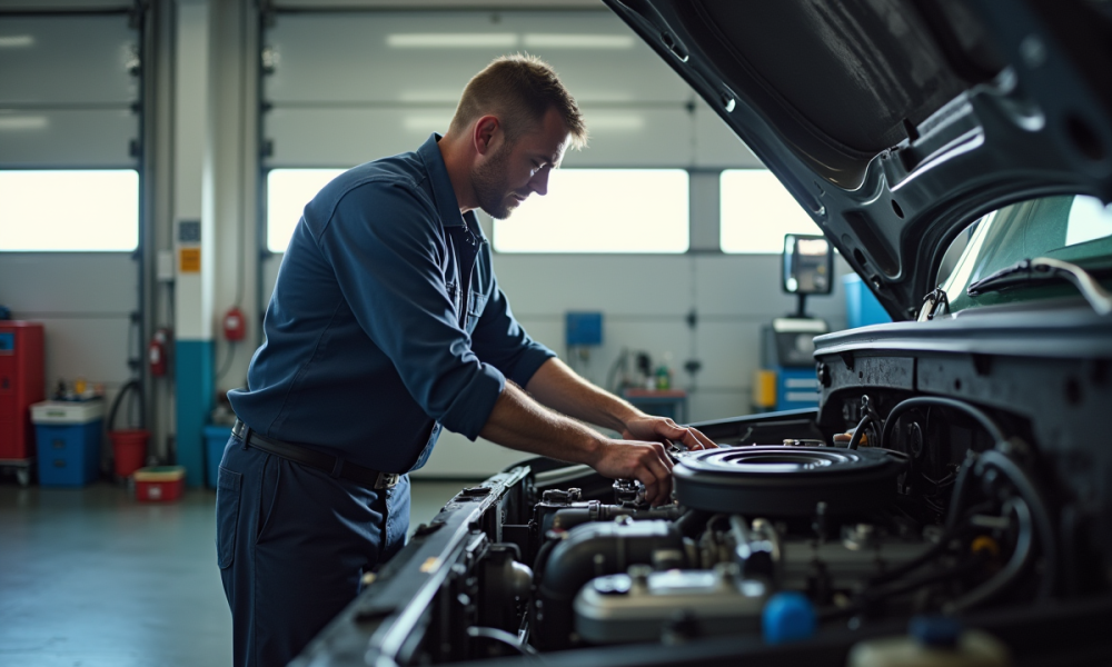 Mecanicien effectuant maintenance sous le capot d'un camion moderne