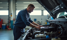 Mecanicien effectuant maintenance sous le capot d'un camion moderne